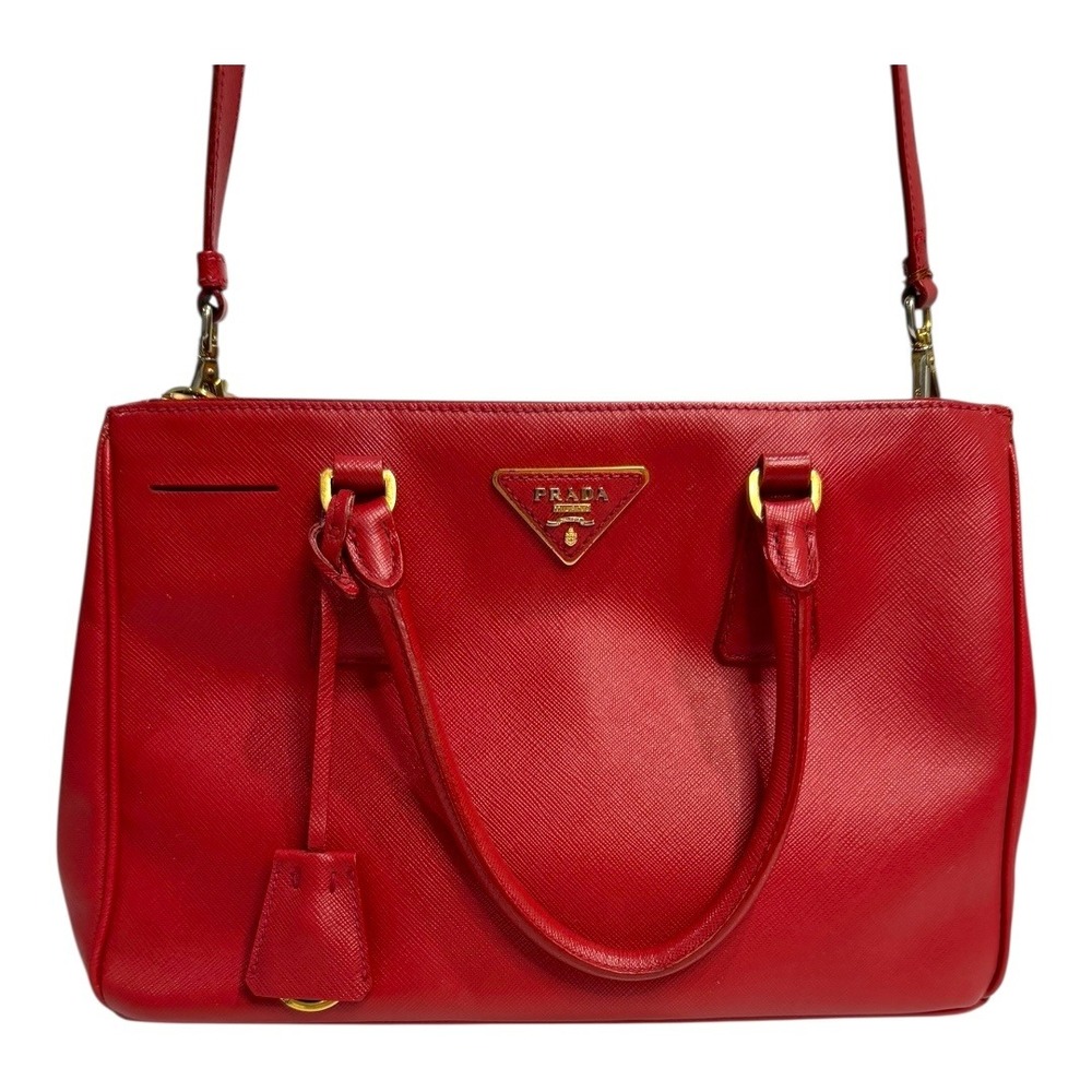 Prada Saffiano Lux Galleria Double Zip Tote Small Fuoco Red with Strap
